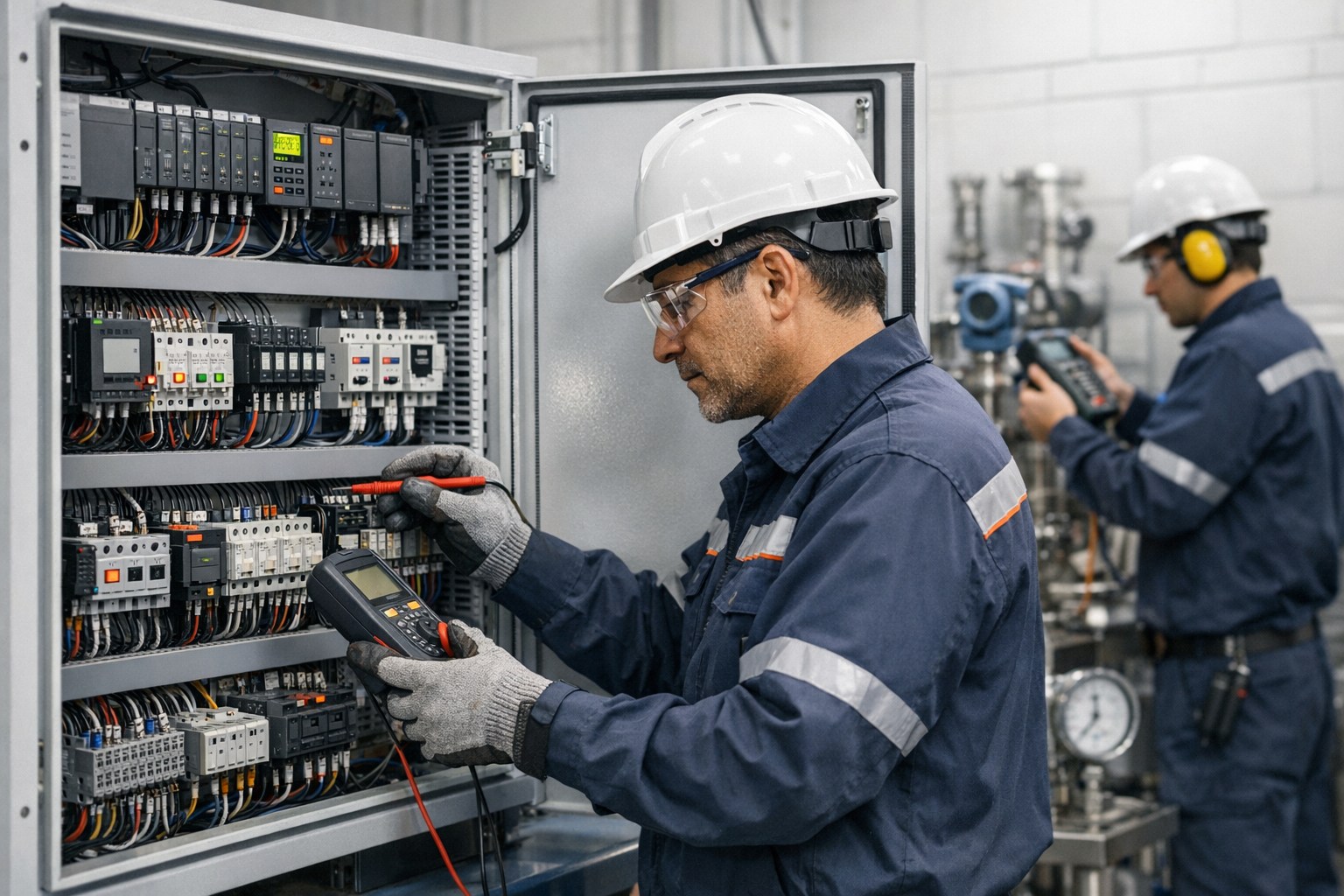 Technicians servicing an industrial control panel and calibrating plant instrumentation
